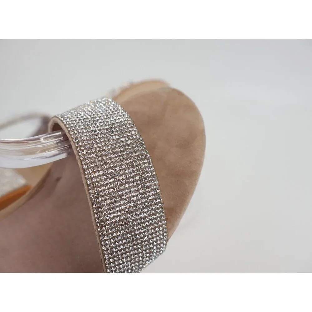 Jeffrey Campbell Silver Rhinestone Nude Block Heel Size 8 Ankle Strap Sandal